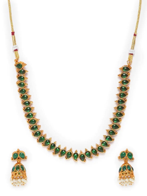 

LAFORWORD Gold-Plated Green Stone-Studded & Beaded Jewellery Set