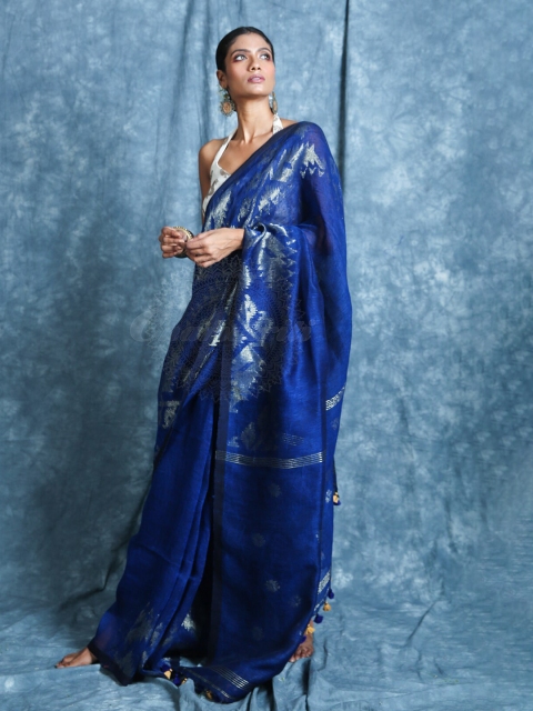 

Charukriti Blue & Silver-Toned Woven Design Pure Linen Saree