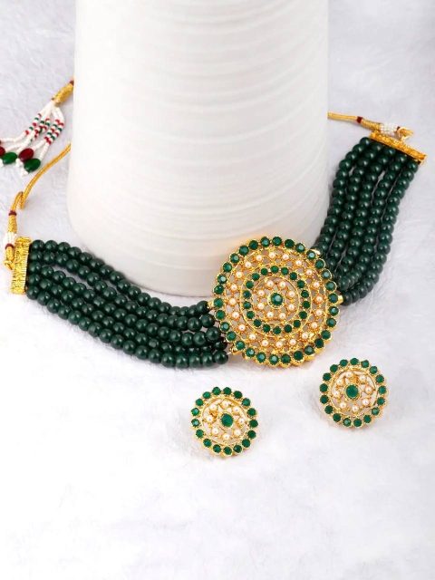 

LAFORWORD Gold Plated & Green Kundan Studded Choker Jewellery Set
