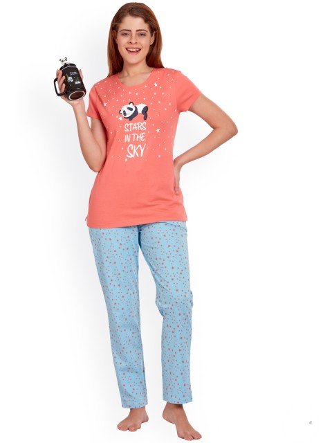 

MAYSIXTY Women Coral & Blue Printed Night suit