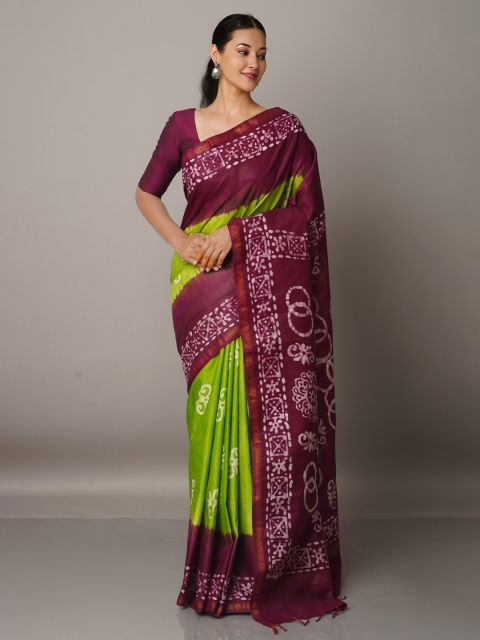 

Unnati Silks Green & Maroon Batik Zari Silk Blend Chanderi Saree