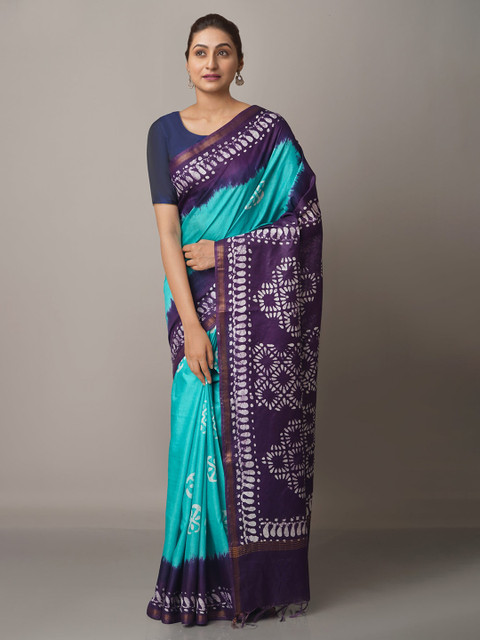 

Unnati Silks Green & Purple Batik Zari Silk Blend Chanderi Saree