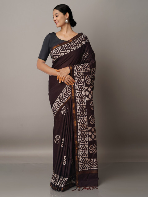 

Unnati Silks Brown & White Batik Zari Silk Blend Chanderi Saree