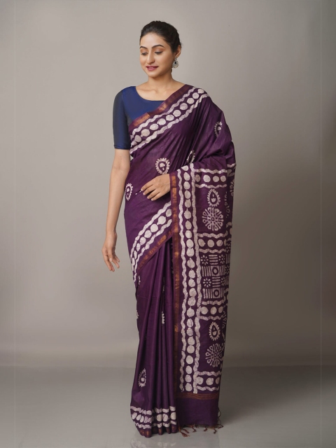 

Unnati Silks Purple & Gold Batik Zari Silk Blend Chanderi Saree