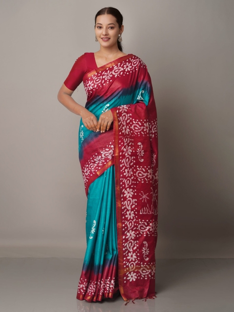 

Unnati Silks Green & Maroon Batik Zari Silk Blend Chanderi Saree