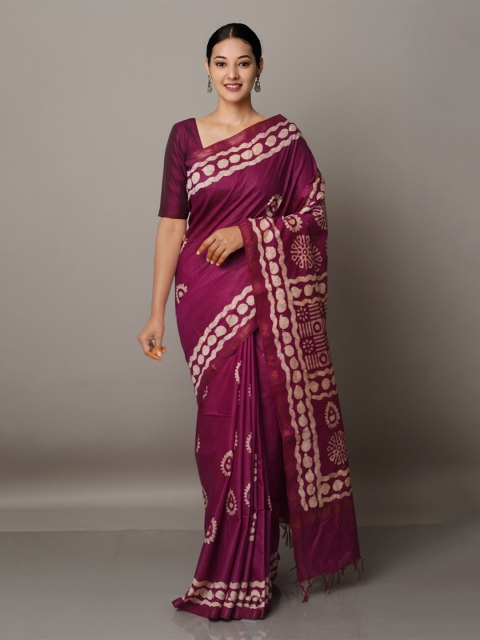 

Unnati Silks Purple & Gold Batik Zari Silk Blend Chanderi Saree