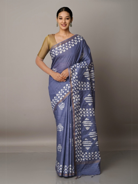 

Unnati Silks Grey & White Batik Printed Zari Silk Blend Chanderi Saree