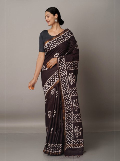 

Unnati Silks Black & White Batik Zari Silk Blend Chanderi Saree