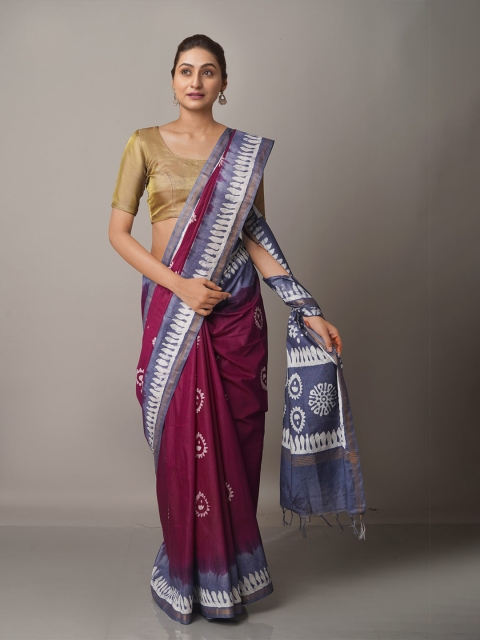 

Unnati Silks Burgundy & Grey Batik Printed Zari Silk Blend Chanderi Saree