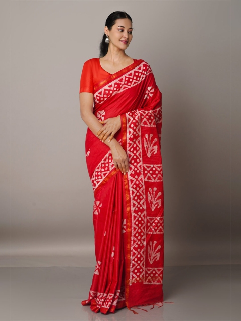 

Unnati Silks Red & White Batik Zari Silk Blend Chanderi Saree