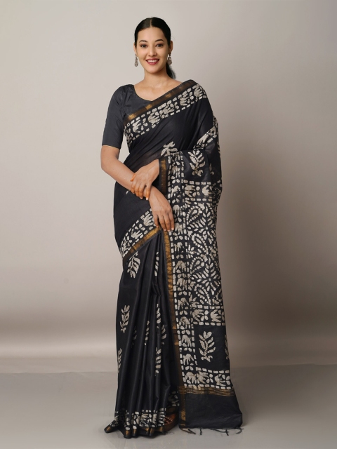 

Unnati Silks Black & White Batik Zari Silk Blend Chanderi Saree