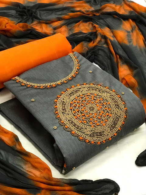 

MORLY Grey & Orange Embroidered Unstitched Dress Material
