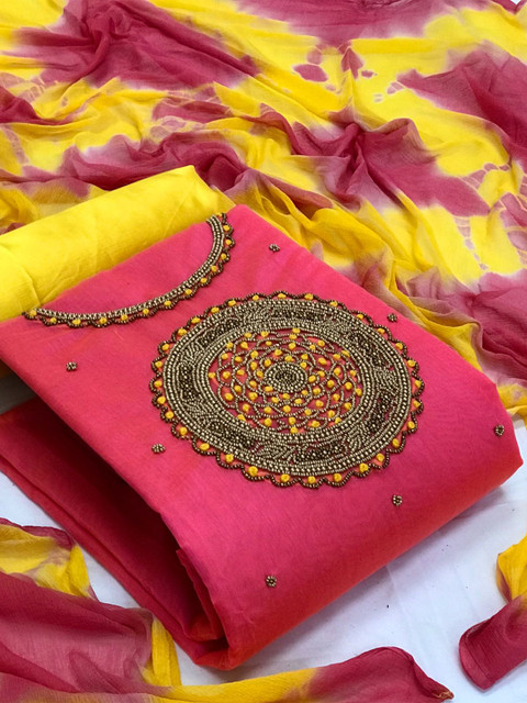 

MORLY Pink & Yellow Embroidered Unstitched Dress Material