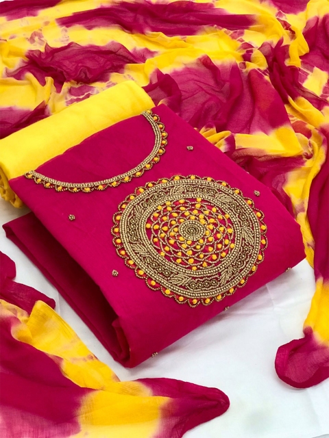 

MORLY Pink & Yellow Embroidered Unstitched Dress Material