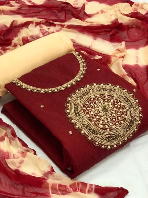 

MORLY Women Maroon & Beige Embroidered Unstitched Dress Material