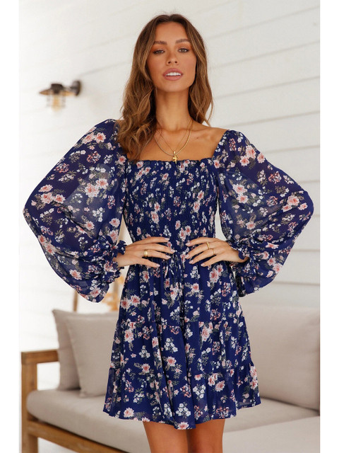 

BoStreet Blue Floral Printed A-Line Dress