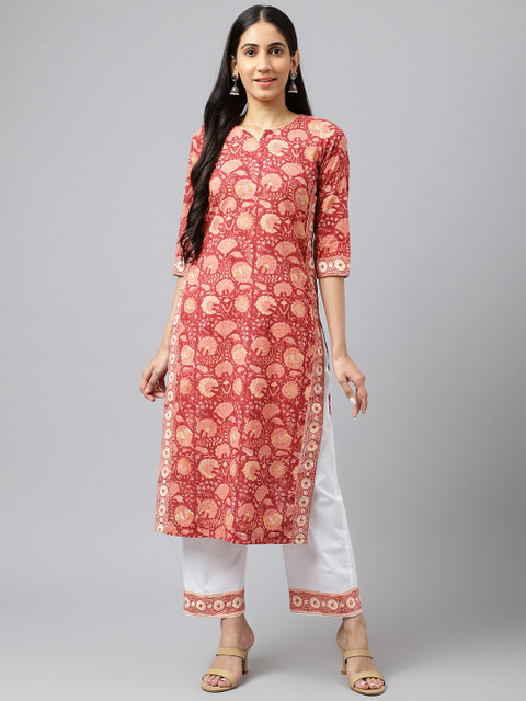 

SHRINKHLA Women Maroon Floral Printed Pure Cotton Kurta with Trousers
