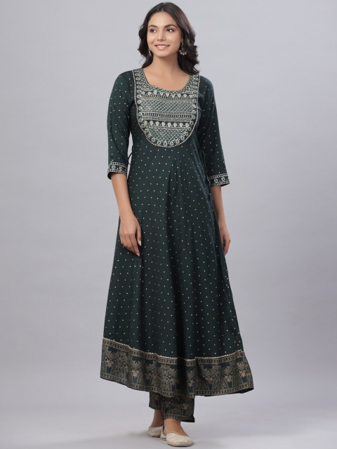 

Juniper Women Green Floral Embroidered Kurta with Trousers & With Dupatta