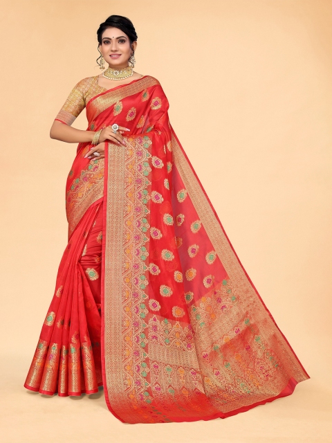 

all about you Red & Gold-Toned Floral Organza Saree