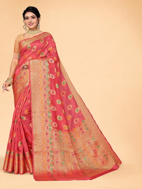 

all about you Pink & Green Floral Organza Saree