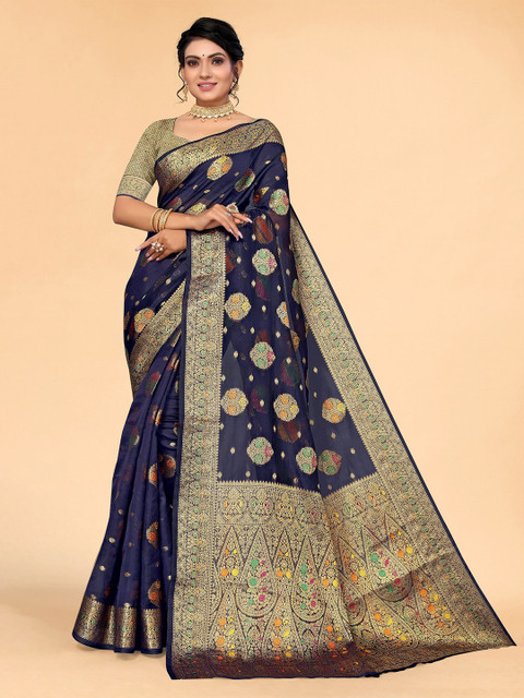 

all about you Navy Blue & Gold-Toned Floral Organza Saree