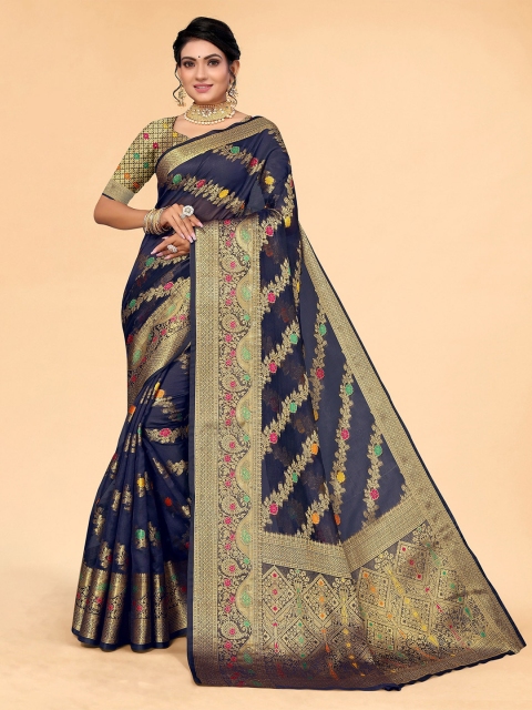 

all about you Navy Blue & Green Paisley Zari Organza Saree