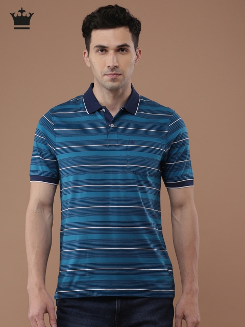 

Louis Philippe Men Teal Blue & White Striped Polo Collar T-shirt