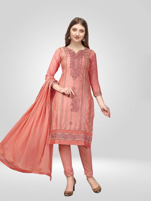 

Nivah Fashion Women Peach-Coloured Embroidered Pure Cotton Unstitched Dress Material