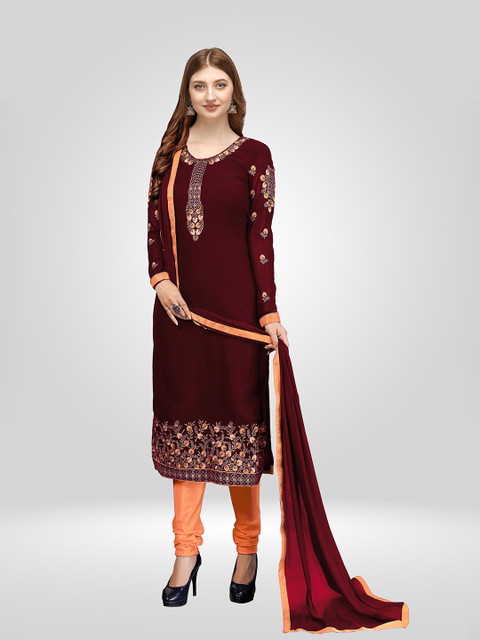 

Nivah Fashion Maroon & Orange Embroidered Unstitched Dress Material
