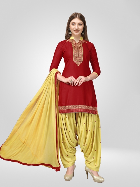 

Nivah Fashion Women Maroon & Yellow Embroidered Pure Cotton Unstitched Dress Material