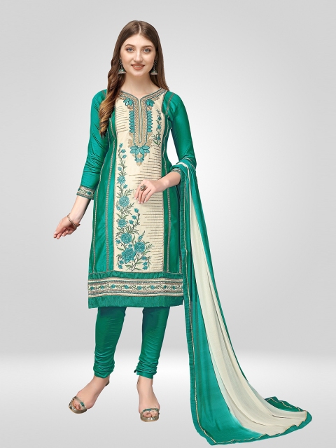 

Nivah Fashion Women Turquoise Blue & Cream-Coloured Embroidered Pure Cotton Dress Material