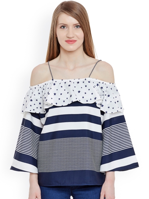 

Marc Loire Women White & Navy Striped & Printed Bardot Top