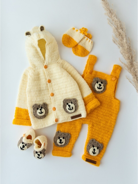 

The Original Knit Unisex Kids Yellow And Off White Embroidered 6 Piece Cardigan