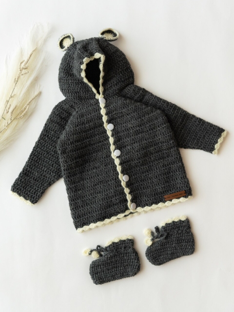 

The Original Knit Kids Grey & Cream-Coloured Cardigan Hoodie With Booties