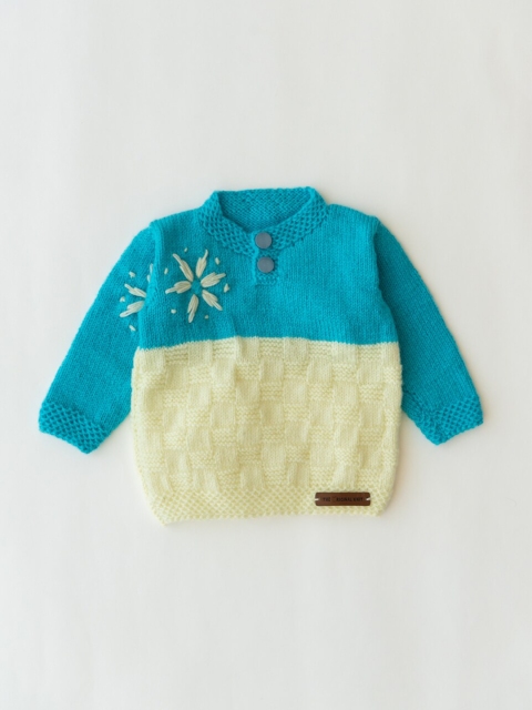 

The Original Knit Kids Blue & Yellow Colourblocked With Embroidered Pullover Sweater