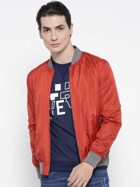 

Mast & Harbour Men Rust Orange Solid Bomber Jacket
