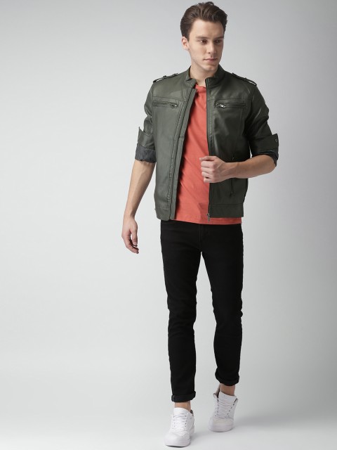 

Mast & Harbour Men Grey Solid Biker Jacket