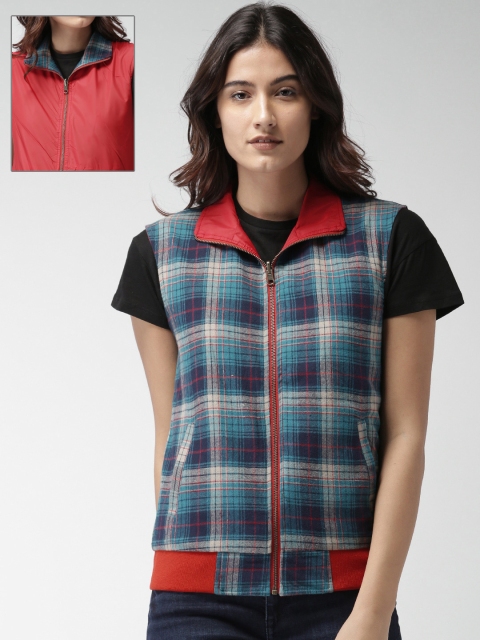 

Mast & Harbour Women Red & Blue Checked Reversible Bomber Jacket