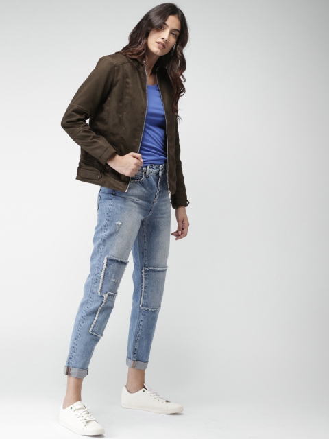 

Mast & Harbour Women Coffee Brown Solid Biker Jacket