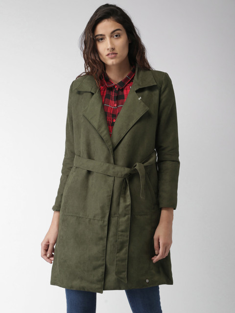 

Mast & Harbour Women Olive Green Solid Duster Jacket