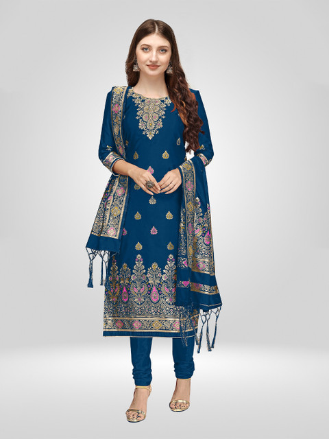 

Nivah Fashion Women Teal & Gold-Toned Embroidered Unstitched Dress Material