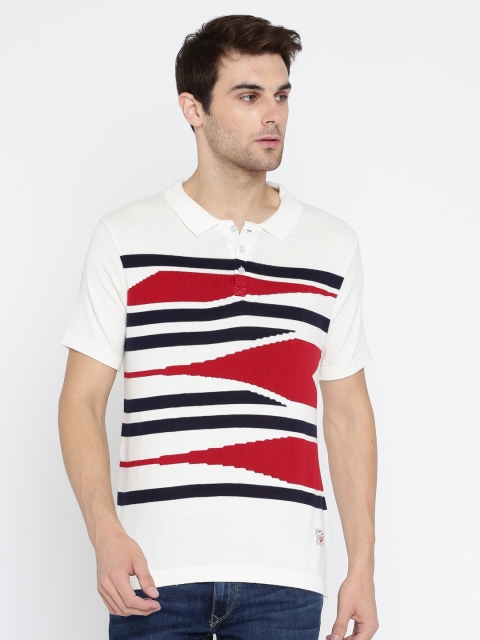 

Harvard Men Off-White & Red Self-Design Polo Collar T-shirt