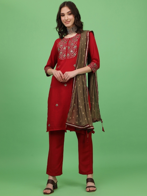 

ASPORA Women Red Ethnic Motifs Embroidered Mirror Work Silk Chiffon Kurta with Palazzos & With Dupatta