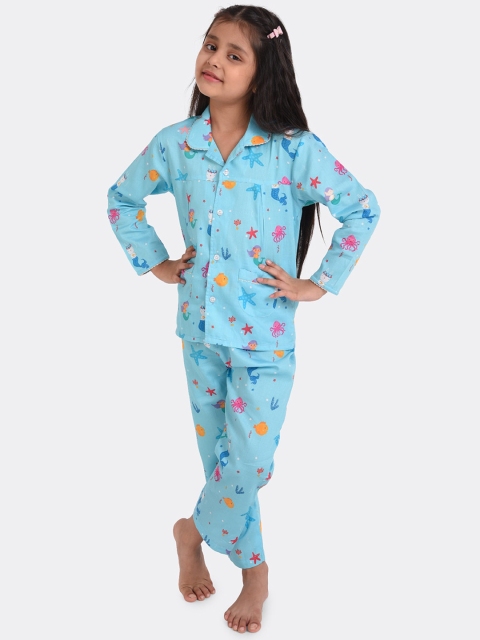 

KOOCHI POOCHI Girls Blue & Pink Printed Pure Cotton Night suit