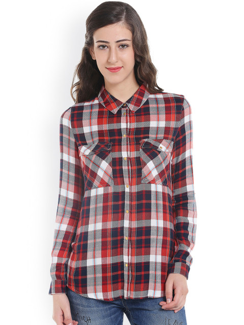 

ONLY Women Red & Navy Regular Fit Checked Casual Shirt