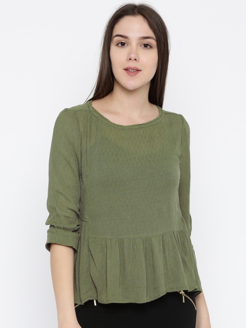 

ONLY Women Olive Green Solid High-Low Top