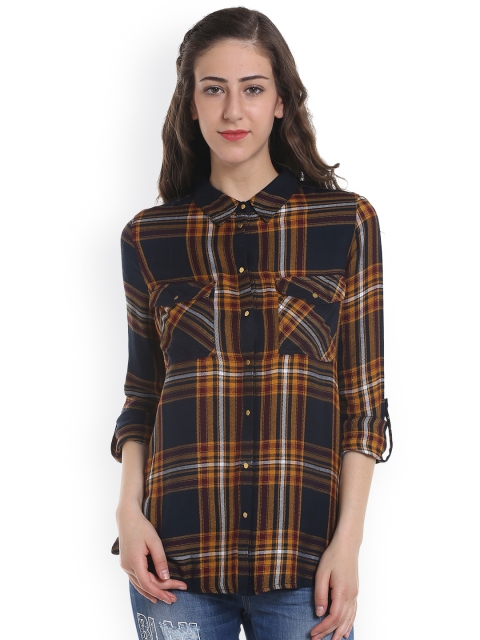 

ONLY Women Navy Blue & Mustard Regular Fit Checked Casual Shirt