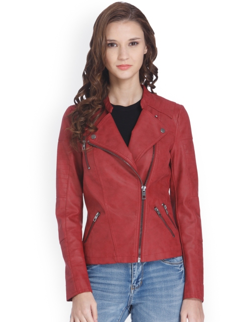

ONLY Women Red Solid Tight Fit Biker Jacket