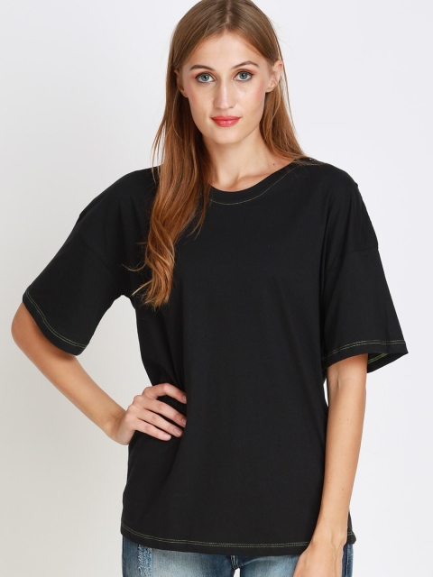 

angloindu Women Black Drop-Shoulder Sleeves Pure Cotton T-shirt