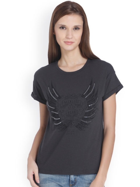 

ONLY Women Charcoal Grey Printed Round Neck T-shirt